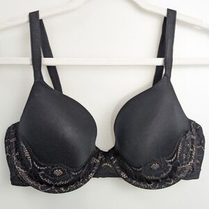 Vtg Wacoal Eventide Lace Lightly Lined Underwire Bra Size 34DD Black Tan 853347